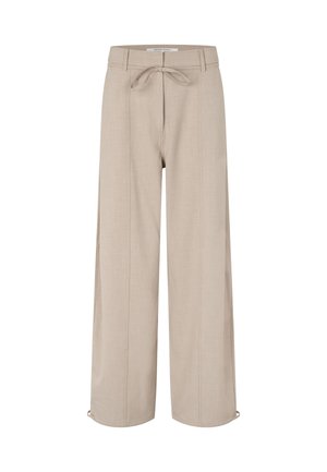 Beige wijde broek met een taillekoord, gemaakt van lichtgewicht stof, met twee plooien aan de voorkant en subtiele zoomaccenten.