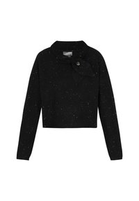 Zwarte cropped sweater met een kraag en een strikdetail, met een spikkeltextuur. Gemaakt van een zachte gebreide stof.