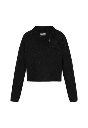 Pulover scurt negru, cu guler și detaliu de fundiță, având o textură speckled pe toată suprafața. Fabricat dintr-un material tricotat moale.