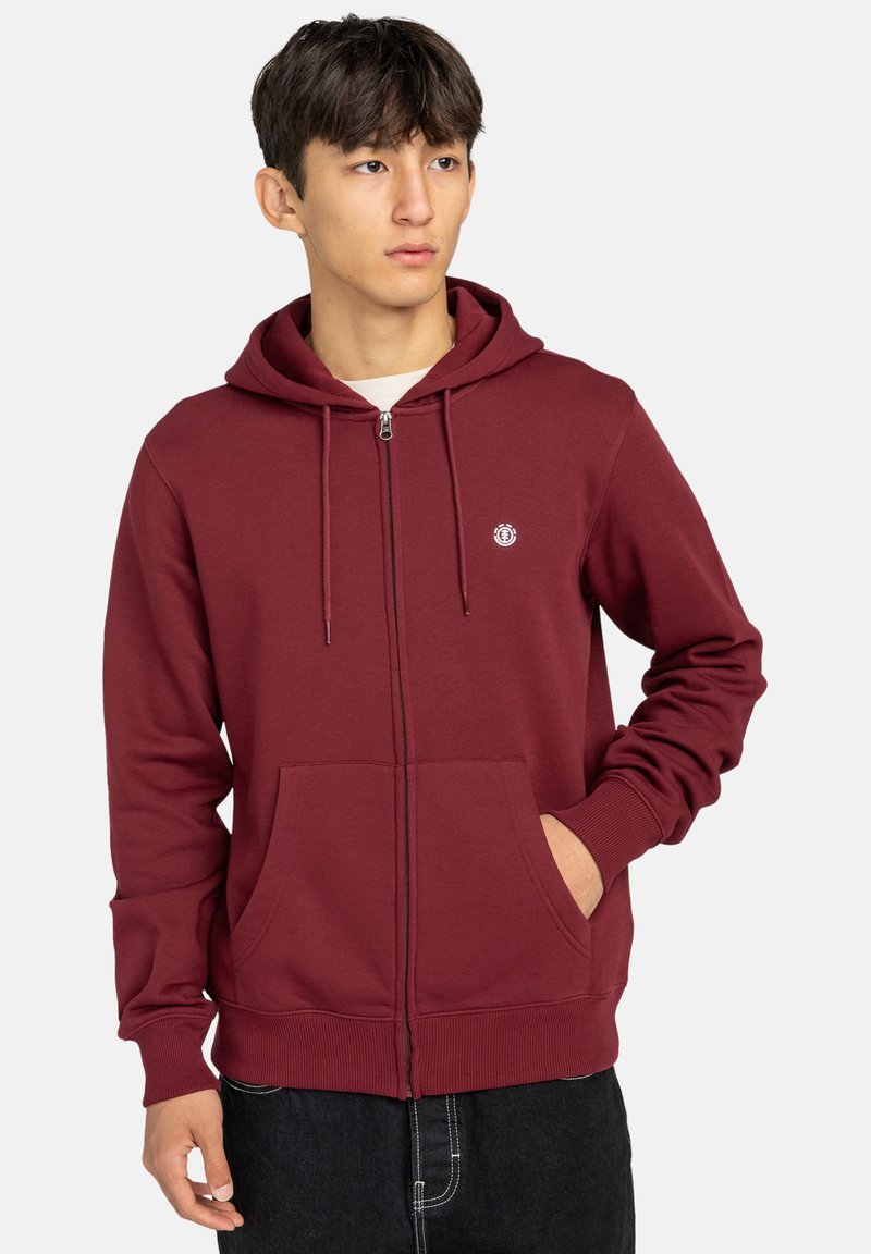 Bordeauxkleurige zip-up hoodie van katoenmix. Voorzien van trekkoorden, zijzakken, geribbelde manchetten en een klein logo op de borst.