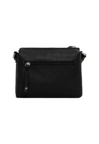 Schwarze Ledertasche in Crossbody-Form mit strukturiertem Finish, ausgestattet mit einer Reißverschlussfronttasche und verstellbarem Tragegurt. Kompakte rechteckige Form.