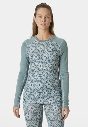 Langarmtop en leggings in lichtblauw met een geometrisch diamanten patroon. Zachte brei stoffen, naadloos ontwerp en textuuraccenten.