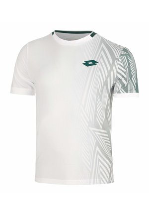 Wit sportshirt met korte mouwen met grijze geometrische patronen aan de rechterkant en een donkergroene Lotto-logo op de borst.