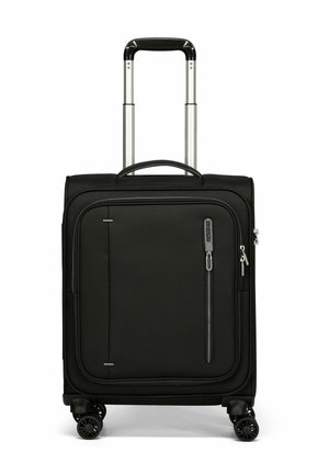 Valise noire à roulettes fabriquée en tissu durable, dotée d'une poignée télescopique, d'une poche zippée à l'avant et de quatre roues multidirectionnelles pour une mobilité aisée.