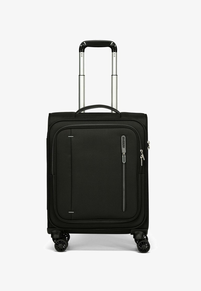 Valise noire à roulettes fabriquée en tissu durable, dotée d'une poignée télescopique, d'une poche zippée à l'avant et de quatre roues multidirectionnelles pour une mobilité aisée.