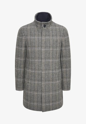 Grijze geruite jas met een hoge kraag, met een mix van donkergrijs, crème en marineblauw. Knopen als sluiting en een gestructureerde stof.