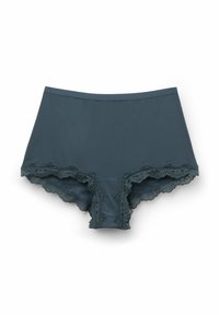 Ropa interior de mujer alta en color verde oscuro con ribete de encaje ondulado en los extremos de las piernas y un acabado de tela suave.