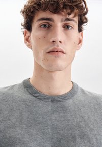 Maglione a maglia grigio chiaro con scollatura a girocollo; presenta una texture morbida e dettagli a coste sul colletto.