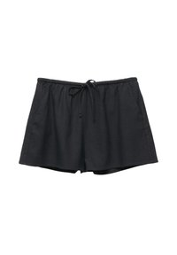 Shorts décontractés noirs avec une ceinture élastique et un cordon de serrage, dotés de poches latérales et d'une coupe ample.