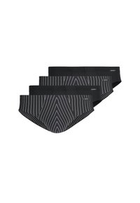 Tre paia di slip neri, due completamente neri e uno con strisce diagonali bianche. Realizzati in tessuto morbido, con fasce elastiche in vita.