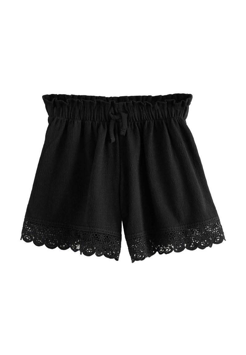 Schwarze Shorts mit einem elastischen Bund und verstellbarem Kordelzug. Der Saum ist mit einem detaillierten Spitzenbesatz versehen, der ein gewelltes Muster erzeugt.