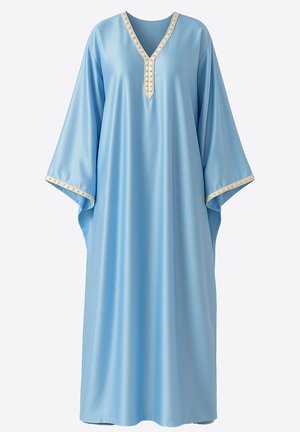 Kaftán azul claro hecho de tela suave, con escote en V con ribetes contrastantes y mangas sueltas, acentuado por bordes decorativos.