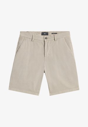 Beige shorts made of soft fabric, featuring a button closure, belt loops, and two side pockets. Smooth texture with a regular fit design.
