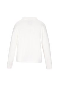 Langarm, wit poloshirt met een zachte textuur, kraag en een ontspannen pasvorm. Heeft geen zichtbare markeringen of accenten.