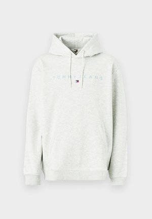 Hellgraues Hoodie aus weichem Material, mit einer Fronttasche, Kapuze mit Kordelzug und dem "TOMMY JEANS"-Logo in Blau über der Brust.