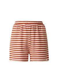 Striped shorts in orange and cream, ribbed texture, elastic waistband, breathable fabric, casual design, suitable for warm weather.