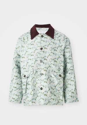 Floral-patterned jacket in light blue fabric with green and white flowers. Features a maroon collar, button closure, and two front pockets.