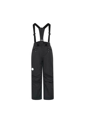 Pantalon de neige isolant noir avec bretelles réglables, poches avant zippées et un patch blanc sur la jambe gauche.