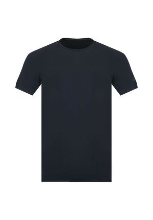 T-shirt nera a girocollo con maniche corte, vestibilità slim e design semplice su sfondo bianco.