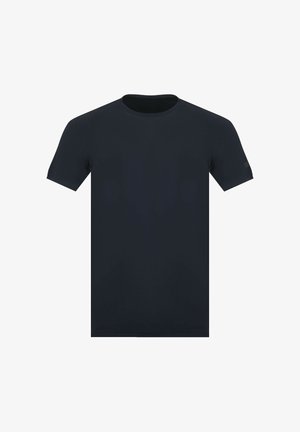 T-shirt nera a girocollo con maniche corte, vestibilità slim e design semplice su sfondo bianco.