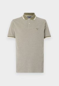 Camisola polo caqui com mangas curtas. Apresenta um colarinho e punhos canelados em bege claro contrastante. Logótipo bordado discreto no peito.