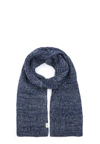 Gebreide sjaal in donkerblauw met lichtblauwe spikkels, met een gestructureerd geribd ontwerp. De uiteinden zijn netjes afgewerkt met een label zichtbaar aan één kant.