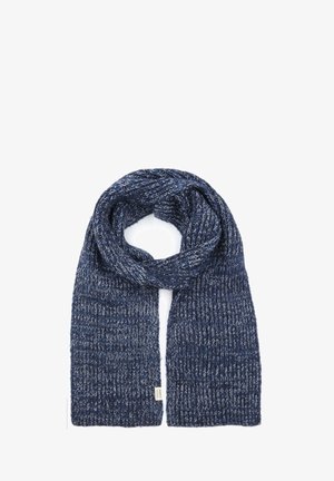 Gebreide sjaal in donkerblauw met lichtblauwe spikkels, met een gestructureerd geribd ontwerp. De uiteinden zijn netjes afgewerkt met een label zichtbaar aan één kant.