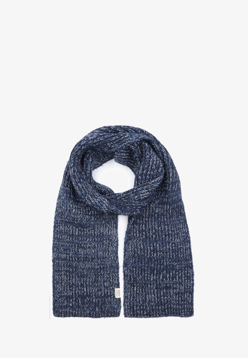 Gebreide sjaal in donkerblauw met lichtblauwe spikkels, met een gestructureerd geribd ontwerp. De uiteinden zijn netjes afgewerkt met een label zichtbaar aan één kant.