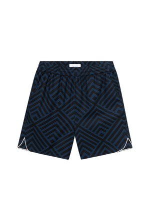 Shorts de bain navy avec un motif géométrique noir, ceinture élastique et accents blancs contrastants sur les ouvertures des jambes. Matériau doux et léger.
