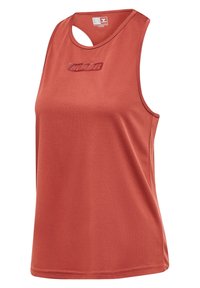Débardeur de sport sans manches couleur rouille avec un design dos nageur et le mot « Hummel » imprimé en rouge légèrement plus foncé sur la poitrine.