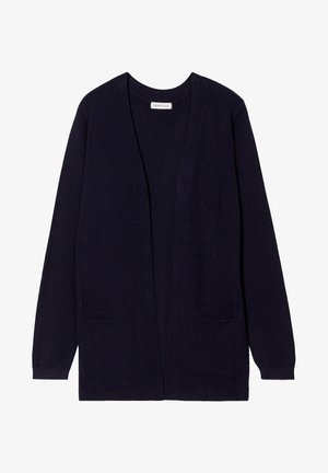 Marineblå strikket cardigan med åben front, lange ærmer og to forlommer; tekstureret stof, afslappet pasform, ribbede manchetter og kant.