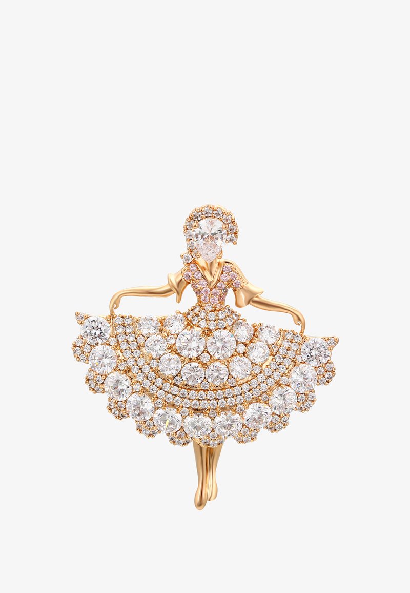 Gouden broche in de vorm van een danseres, bezet met heldere en roze kristallen. De rok heeft een gelaagd ontwerp met ronde motieven.