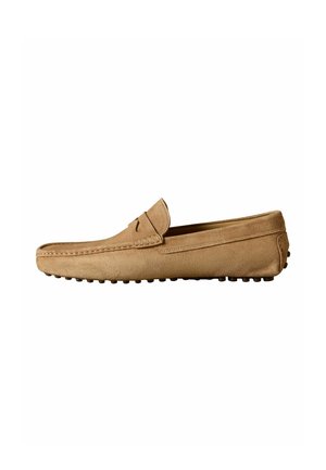 Tan suede men's loafer with stitched details and rubber nubs on the sole, shown from the outer side on a white background.
