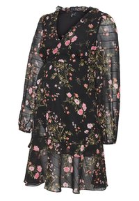 Vestido floral negro con mangas largas y transparentes, escote en V profundo, cuello con volantes y dobladillo en capas. Presenta coloridos patrones florales en rosa y verde.