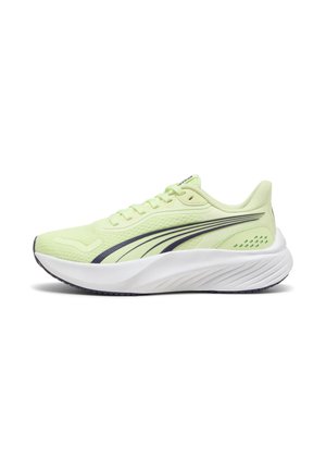 Light green running shoe with black stripe design and thick white sole, shown from the side on a white background.