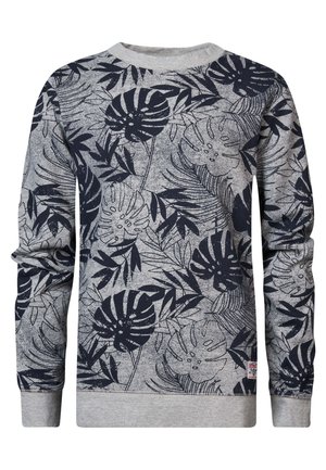 Grå sweatshirt med rund hals og mørkeblå tropiske blade- og løvmønster, der dækker stoffet, med ribstrikkede manchetter og kant.
