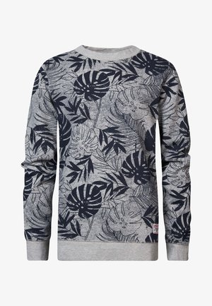 Szara bluza crewneck z ciemnoniebieskim nadrukiem tropikalnych liści i roślin pokrywającym tkaninę, z prążkowanymi mankietami i u dołu.