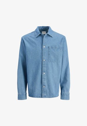 Gai zili denima jaka ar izklātu apkakli, priekšējo kabatu, pogu aizdari un garām piedurknēm ar pogām.