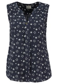 Tummansininen hihaton paita, jossa on tähti- ja lumihiutalekuvio, napillinen etuosa ja rento leikkaus. Pehmeä, kevyt kangas.