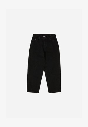 Schwarze Jeans aus Denim mit hohem Bund, geradem Bein und dezentem Logo auf der vorderen Tasche. Verfügt über klassischen Fünf-Taschen-Style.