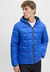 Junger Mann trägt eine leuchtend blaue, gesteppte Kapuzenjacke über einem weißen Hemd, die Hände in den Taschen, blickt seitlich vor einem schlichten Hintergrund.