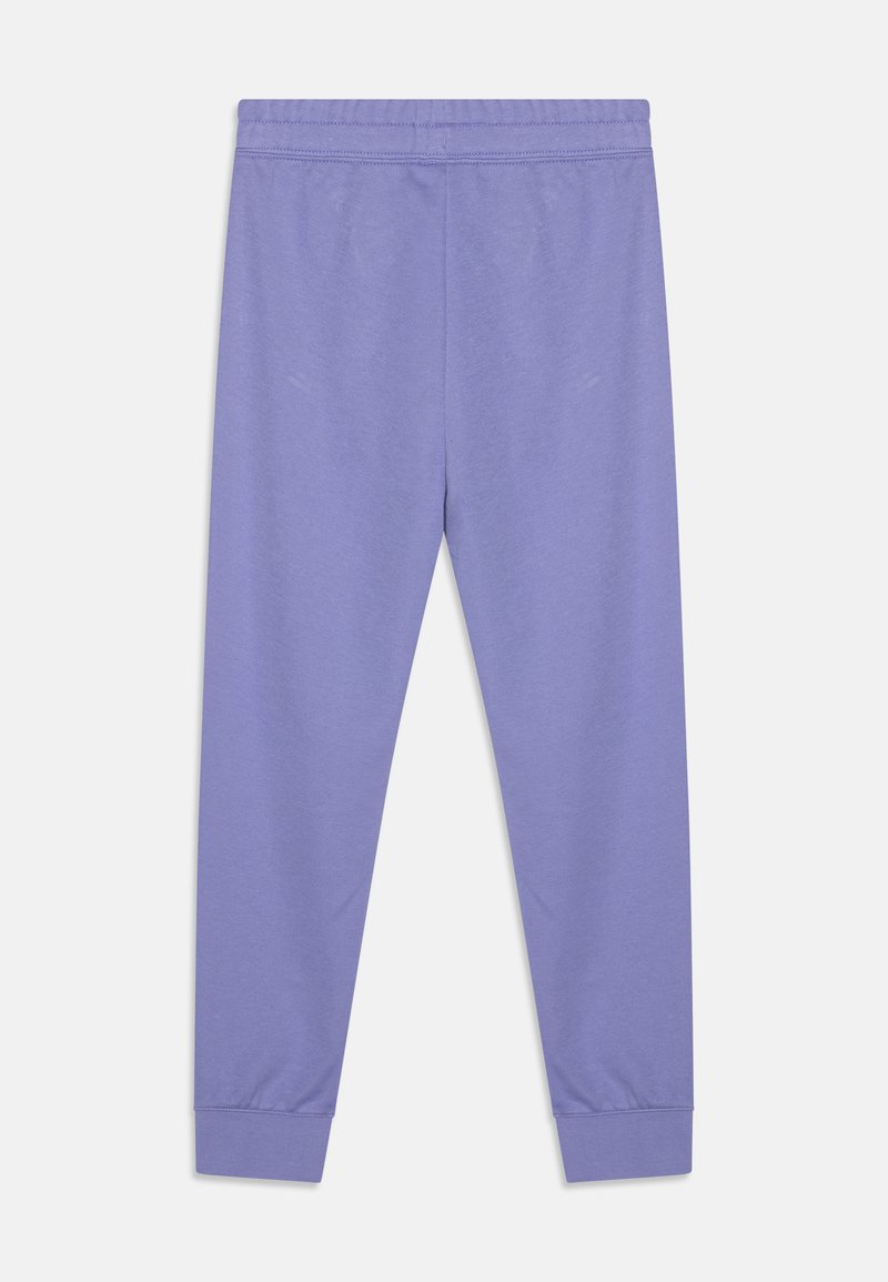 Pantaloni da jogging viola con vita elastica, gambe affusolate e polsini a costine. Realizzati in un tessuto morbido e stretch con una texture liscia.