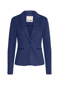 Blazer azul marino hecho de una tela suave. Cuenta con solapa con muesca, cierre de un solo botón y dos bolsillos frontales. Ajuste entallado.