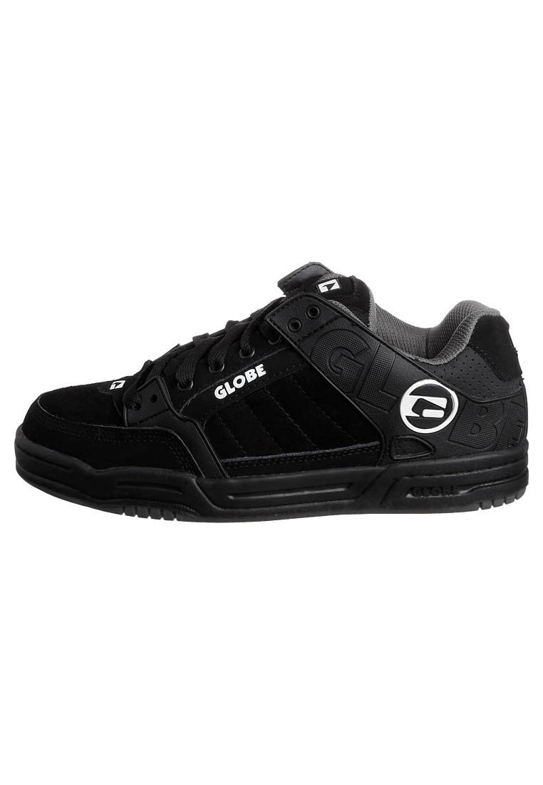 Black skate shoes featuring a suede and mesh upper, padded collar, textured accents, and a prominent logo on the side. Flat lace closure.