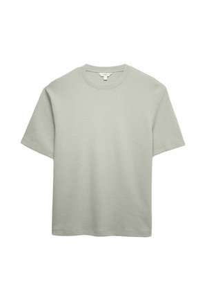 T-shirt verde chiaro a maniche corte realizzata in tessuto strutturato con scollo rotondo e orlo dritto. Nessun motivo o dettaglio visibile.