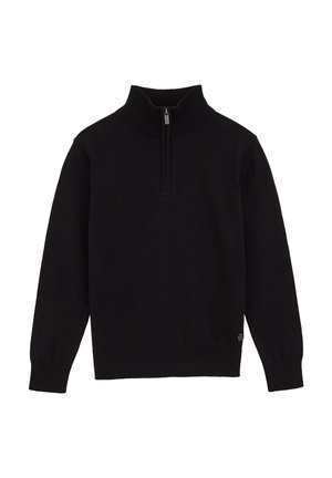 Pull noir avec col montant et zip, présentant des poignets et un ourlet côtelés, exposé sur un fond uni.