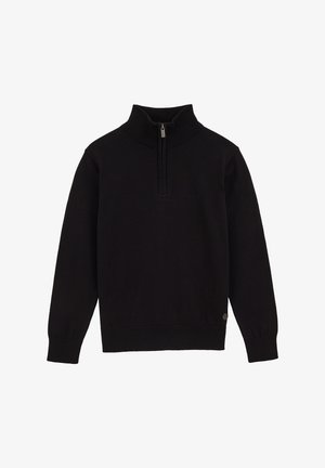 Juodas megztinis su aukštu apykakle ir užtrauktuku, turintis raukiniais apykakles ir apačią, pateiktas prieš paprastą foną.