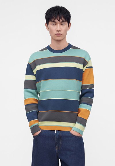 Jeune homme aux cheveux noirs courts portant un pull rayé multicolore et un jean bleu foncé, debout les mains dans les poches, sur fond blanc.