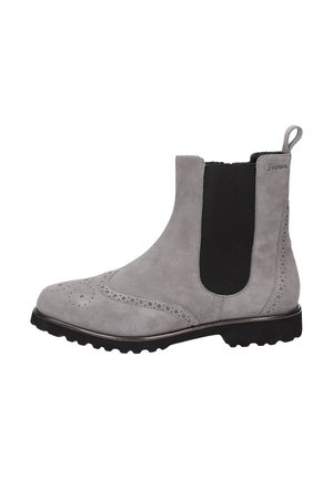 Grey suede ankle boot with elastic side panels, brogue detailing on the toe, rubber sole, and a pull tab at the heel for easy wear.