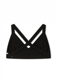 Bralette negra con forma triangular, que presenta tirantes anchos entrecruzados y una textura lisa. Franjas de acento blanco destacadas en la banda.